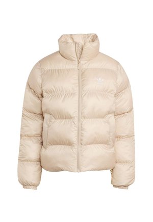 Béžová prošívaná bunda s vysokým límcem, na zip a se dvěma předními kapsami. Má prošívaný vzor a nenápadné logo na hrudi.