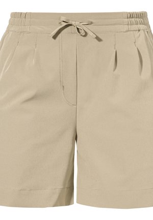 Beige shorts with an elastic waistband and drawstring, featuring front pleats and a smooth, textured fabric.