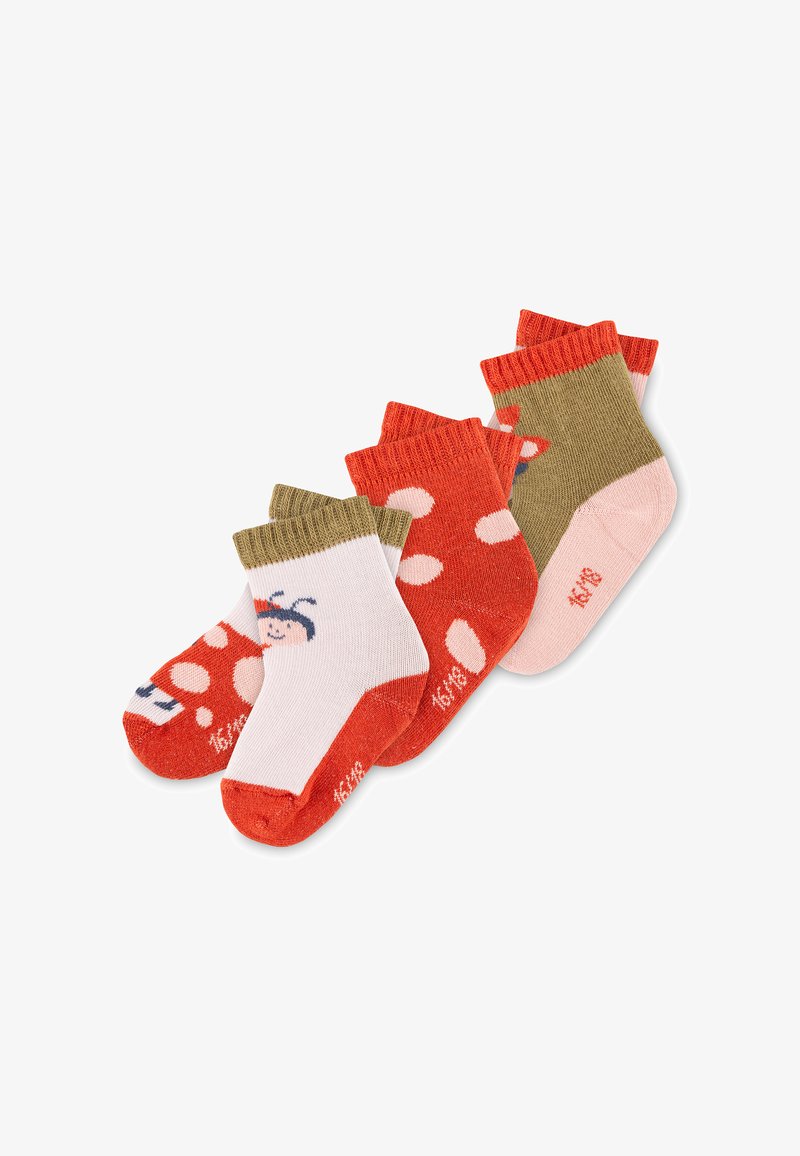 Three pairs of children's socks: colors include red, pink, and olive green; features patterns like polka dots and a character design on one pair.