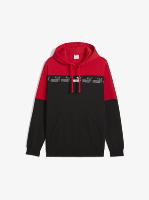 Kapuziga sweatshirt punaste ja musta värviga plokkidega, ees kängurupocket, nöör ja horisontaalne logo riba rinnaosas.
