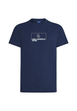 Tricou din bumbac de culoare bleumarin, cu mâneci scurte, având un logo dreptunghiular alb cu textul "KARL LAGERFELD JEANS" în centru.
