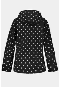 Chaqueta negra con lunares blancos, que presenta capucha, mangas largas y un dobladillo recto. Tejido suave con un acabado mate.