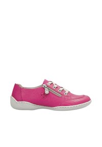 Pink leather shoe with a rounded toe, white sole, and silver hardware. Features lace-up design and decorative zipper on the side.