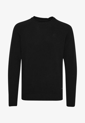 Schwarzer gestrickter Pullover mit Rundhalsausschnitt, langen Raglanärmeln und geripptem Saum sowie Bündchen; glatte Textur, einfaches Design, keine sichtbaren Muster.