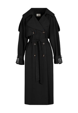 Zwarte trenchcoat met een dubbelontworpen ontwerp, grote revers, riem en knoopaccenten. Heeft gestructureerde mouwen met logo-detail.