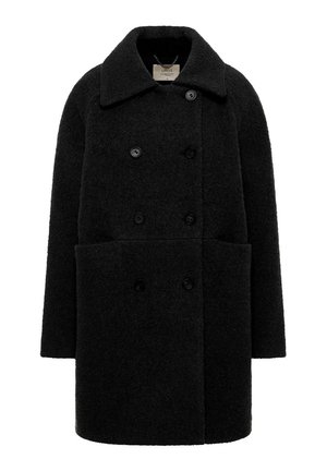 Schwarzer zweireihiger Wollmantel mit breitem Kragen, sechs Knöpfen und zwei großen Vordertaschen, auf weißem Hintergrund dargestellt.