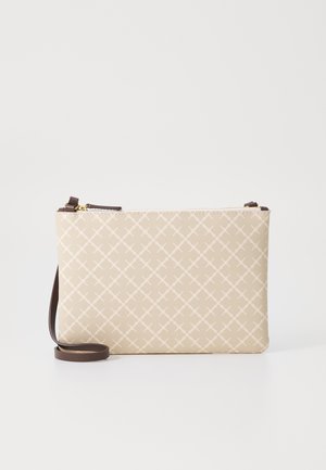 Beige clutch bag with a geometric pattern, featuring a zipper closure and a brown strap. Made of structured material with smooth texture.