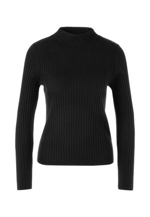 Schwarzer gerippter Pullover mit hohem Kragen und langen Ärmeln. Aus strukturiertem Stoff gefertigt und mit vertikalen Streifen über das gesamte Kleidungsstück versehen.