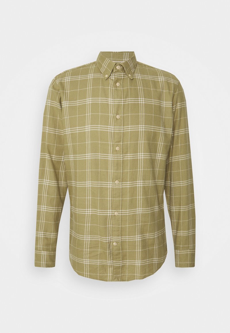 Olivgrön skjorta med knappar gjord av mjukt tyg, med ett rutigt mönster med vita linjer, långa ärmar och klassisk krage.