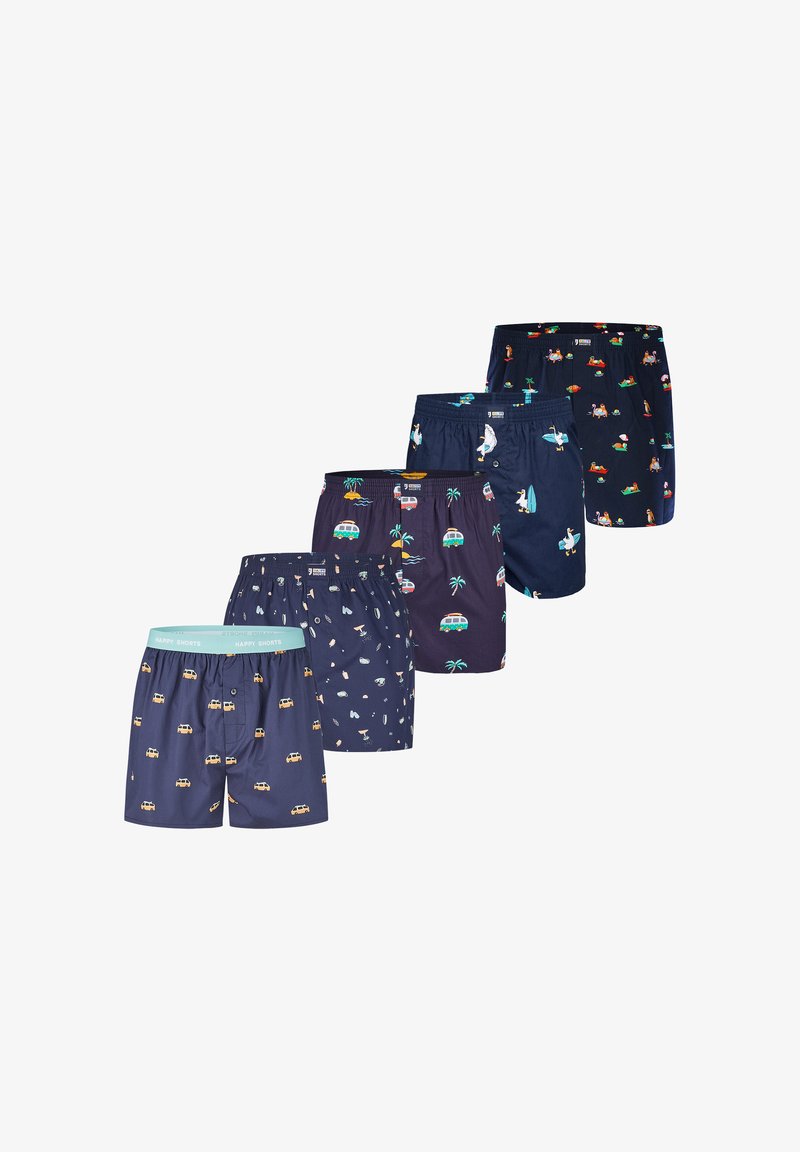 Cinq paires de boxers bleu marine avec des imprimés colorés sur le thème de l'été, comprenant des voitures, des coquillages, des palmiers, des surfeurs et des scènes de plage.