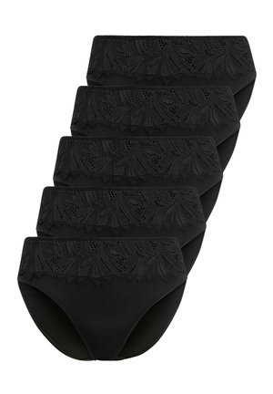 Schwarze Baumwollslips mit einem Spitzenbund im Blätterdesign. Set aus fünf Stück, entworfen für einen glatten Sitz und Komfort.