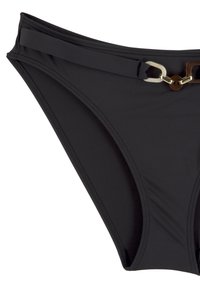Zwarte bikini onderkant gemaakt van gladde stof, met een brede tailleband en een gouden hardware detail voor het bevestigen aan de zijkant.