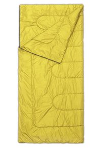 Yellow quilted sleeping bag, featuring a smooth synthetic shell, rectangular shape, and stitched pattern with rounded accents and a zipper.