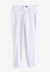 Leggings de mezclilla blanca con un ajuste Slim, que cuentan con bolsillos delanteros, una textura suave y una cintura estándar, diseñados con un estilo minimalista.