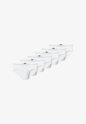 Six paires de sous-vêtements en coton blanc avec ceintures élastiques, présentant un design simple et un petit logo sur le devant.