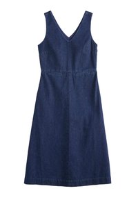 Džínové šaty v tmavě modré barvě s výstřihem do V, bez rukávů a s rovnou sukní. Obsahuje dvě přední kapsy a jemné švy.