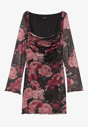 Floral langärmliges Kleid aus transparenter schwarzer Stoff mit rosa und roten Rosenmustern, featuring einen runden Ausschnitt und geraffter Vorderseite mit gewellten Kanten.