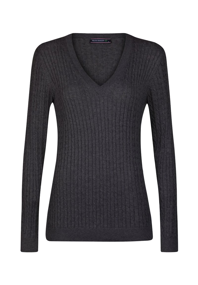 Maglione a coste grigio scuro con scollatura a V e maniche lunghe, caratterizzato da una silhouette aderente e da una texture morbida. Etichetta del brand visibile.