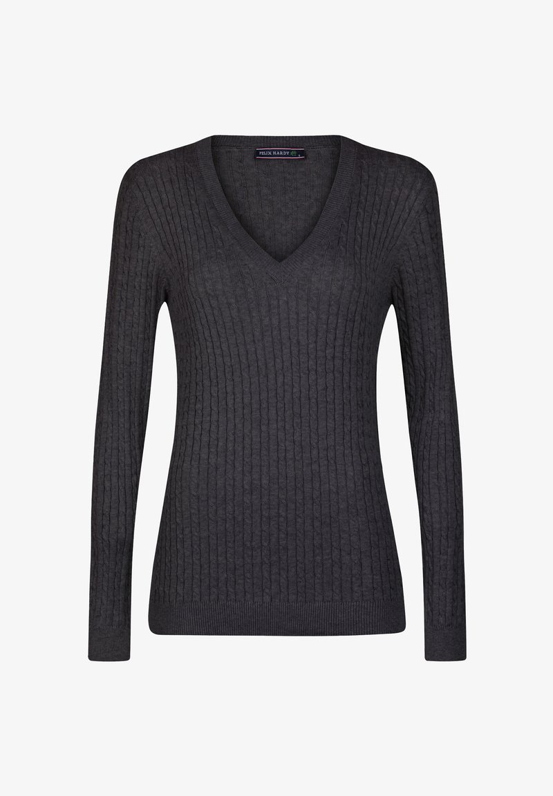 Dunkelgrauer, gerippter Strickpullover mit V-Ausschnitt und langen Ärmeln, der eine figurbetonte Silhouette und eine weiche Textur aufweist. Markenlabel sichtbar.