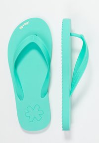 Aqua-colored flip-flop with textured straps, flat sole, and a scalloped edge. Features a floral logo on the footbed. Made of durable material.
