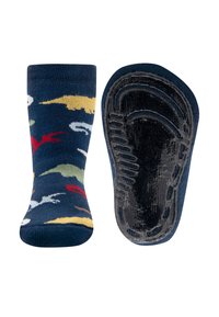 Chaussettes colorées à motif dinosaure en bleu marine, avec une semelle en caoutchouc noir texturé pour une bonne adhérence et stabilité.
