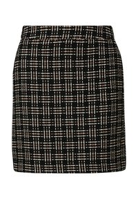 Schwarzer Tweed-Minirock mit einem Karomuster in Weiß und Beige, figurbetontem Schnitt und glatter Textur.