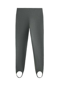 Leggings gris foncé moulants avec une large ceinture et des étriers aux chevilles, présentés de face sur fond blanc.