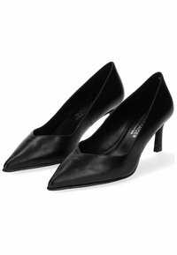 Chaussures à talons hauts en cuir noir avec un bout pointu, des lignes nettes, un devant décolleté et un design de talon carré et élancé.