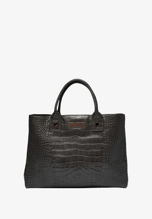 Sac fourre-tout en cuir gris foncé avec une texture crocodile, poignées doubles et accents métalliques. Présente une forme structurée et une base plate.