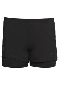 Black swim shorts made of stretchy material, featuring a smooth texture, side seam pockets, and subtle logo detailing in red.