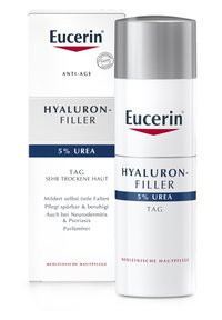 Eucerin Hyaluron-Filler anti-age cream in a white cylindrical bottle with silver cap; packaging features blue and red accents; 5% urea.