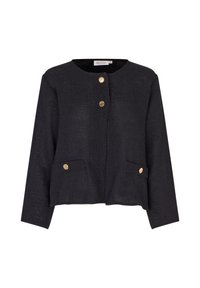 Zwarte gebreide jas met een ronde halslijn, goudkleurige knopen aan de voorkant, twee opgestikte zakken en lange mouwen, uitgevoerd in een gestructureerde stof.