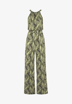 Ærmeløs grøn jumpsuit med vide ben og et camouflage mønster med blade, med elastisk talje og høj hals.