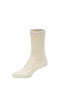 Kremowy, prążkowany skarpet z dzianiny o wysokim kroju i teksturowanym wzorze, z zaokrąglonym noskiem i elastycznym mankietem zapewniającym pewne dopasowanie.