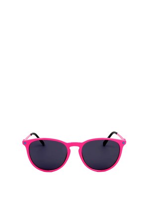Occhiali da sole con montatura rosa brillante, lenti scure e piccoli dettagli a forma di stella blu negli angoli superiori della montatura.