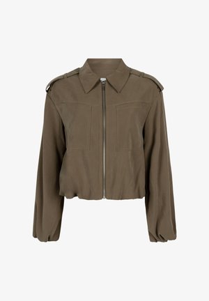 Bruin cropped jack met lange opgeblazen mouwen, ritssluiting aan de voorkant, schouderepauletten en twee gestikte borstzakken.