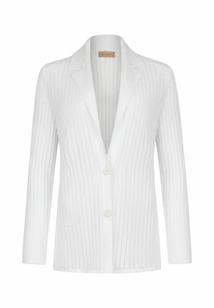 Blazer bianco a manica lunga in maglia con righe verticali, due bottoni e colletto a revers, progettato per una vestibilità su misura.