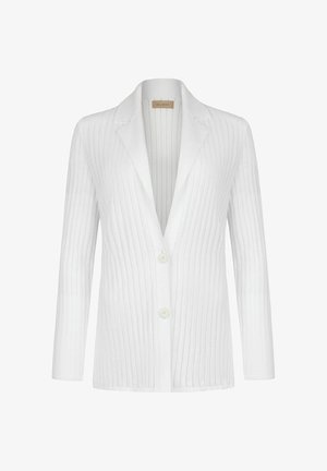 Blazer bianco a manica lunga in maglia con righe verticali, due bottoni e colletto a revers, progettato per una vestibilità su misura.