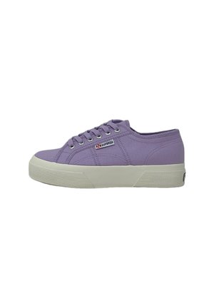 Purple canvas sneakers with white rubber sole, round toe, lace-up design, featuring textured accents and a small logo tag.