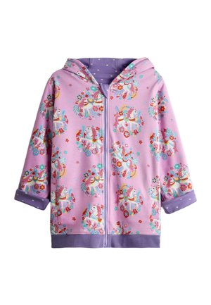 Lyserød og lilla hættetrøje med lynlås, dekoreret med enhjørning og blomstermønstre, med hætte og foldede ærmekanter med stjerneprint.