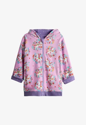 Vaaleanpunainen ja violetti vetoketjullinen huppari, jossa yksisarvinen- ja kukkakuviot, hupulla ja taitetuilla hihoilla, joissa tähtikuvioita.