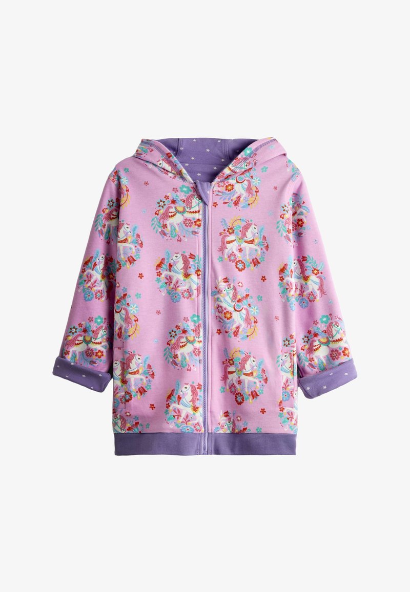 Rozā un violetā krāsā rāvējslēdzēja džemperis ar vienradžu un ziedu rakstiem, ar kapuci un salocītām aprocēm ar zvaigžņu apdruku.