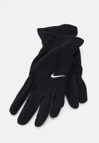 Sorte fleecehandsker med tætsiddende pasform, udstyret med et hvidt Nike-logo på bagsiden. Glat tekstur, designet til varme og komfort.