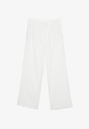 Wide-leg trousers in white fabric, featuring a smooth texture, front pockets, and a classic waistband with belt loops.
