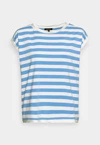 Camisa a rayas con rayas horizontales azules y blancas, tela de algodón suave, escote redondo y mangas cortas enrolladas.