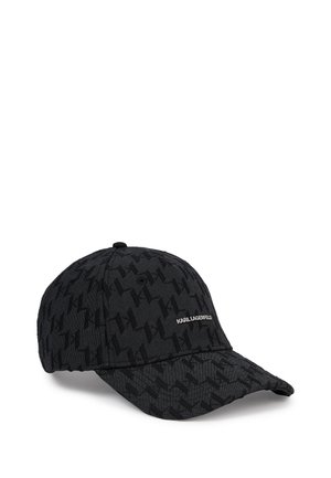 Black baseball cap with embossed houndstooth pattern and white "Karl Lagerfeld" logo on the front panel.