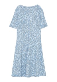 Blaues Blumen Kleid mit kurzen Ärmeln, featuring eine weiche Textur, Rundhalsausschnitt und schwingendem Rockdesign. Kleine weiße Blumen überall.