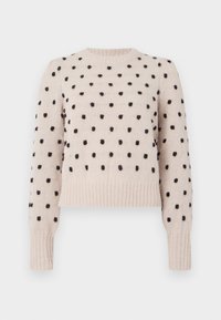 Maglione in misto lana color beige chiaro con pois neri, collo rotondo, polsini a coste e design accorciato. Texture morbida in tutto il capo.