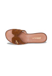 Sandal in camoscio marrone con due cinturini curvi, suola piatta color sabbia e piccolo dettaglio dorato, caratterizzato da una texture liscia e design aperto.