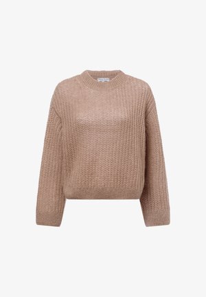 Beige knit sweater with a round neckline, dropped shoulders, and textured fabric. Cropped design with ribbed hem and cuffs.